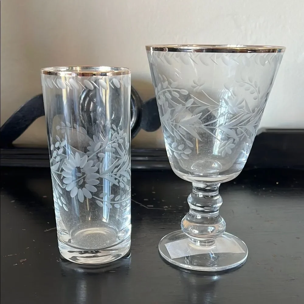 Pottery Barn Etched Glass Tumbler & Goblet